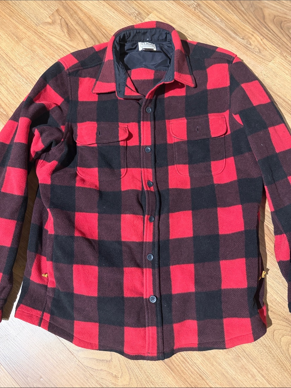 LL Bean Men's Red and Black Buffalo Plaid Button-Up Fleece Shirt Jacket